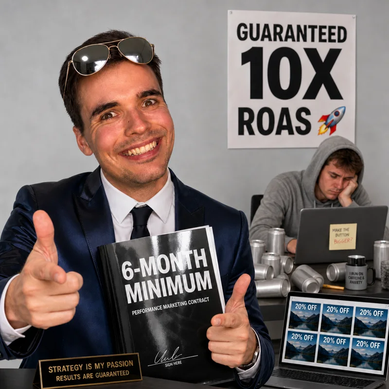 Martin playing an agency salesman: finger guns, a 6-month contract, a Guaranteed 10x ROAS poster and an exhausted junior behind him