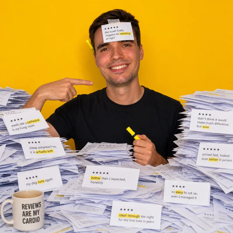 Martin buried in printed product reviews, highlighter behind his ear, a review taped to his forehead