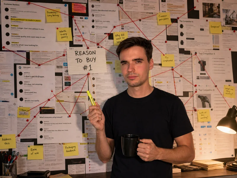 Martin, deadpan, in front of an evidence wall of printed reviews, Reddit threads, comments and competitor ads linked with red string