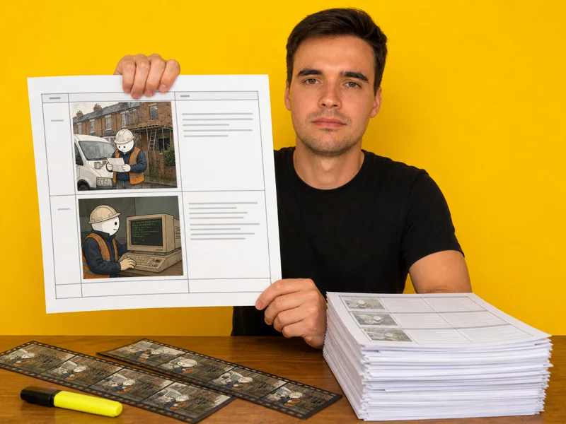 Martin, deadpan, holding up a script page with a storyboard frame for every hook