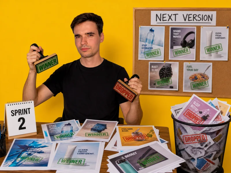 Martin with two rubber stamps, WINNER and DROPPED, sorting printed ads; winners pinned under NEXT VERSION